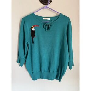 Belle Poque Xl  Teal Sweater Toucan Bird Applique Keyhole Neckline Retro READ